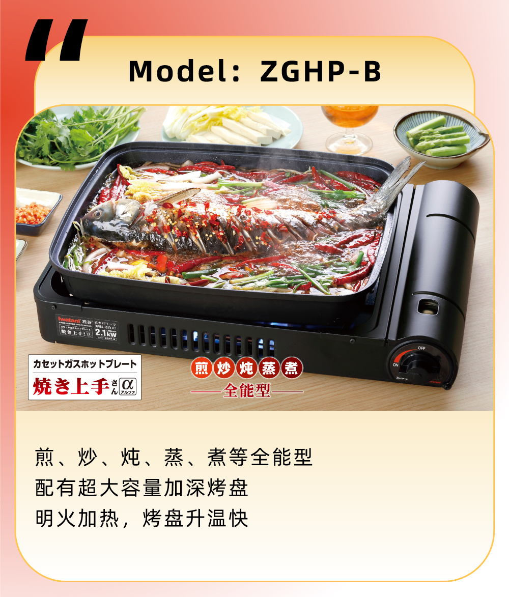 煎、炒、燉、蒸、煮等全能型，配有超大容量加深烤盤，明火加熱，烤盤升溫快